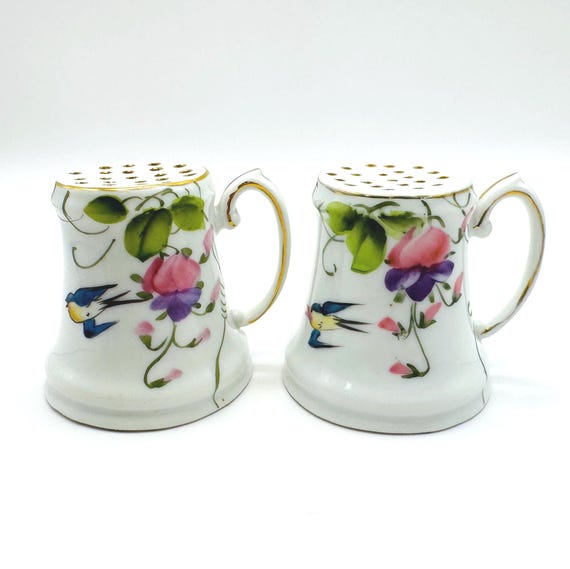 Delicate Hand Painted Shakers with Blue Bird, Pink and Purple Flowers, Gold Detailing and Cork Intact