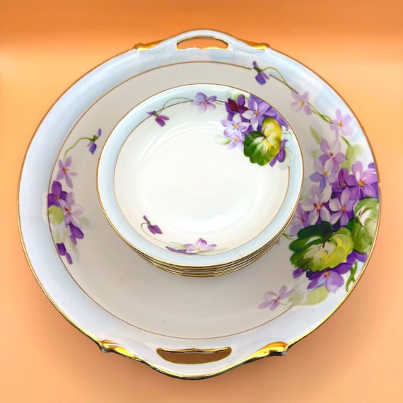 Antique Nippon Berry Bowl Set Hand Painted Violet Porcelain