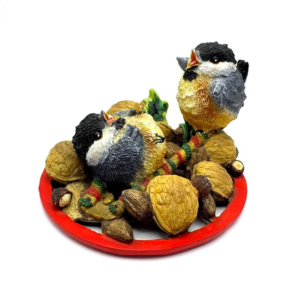 Christmas Chickadee Bird Figurine on Nuts & Branch base