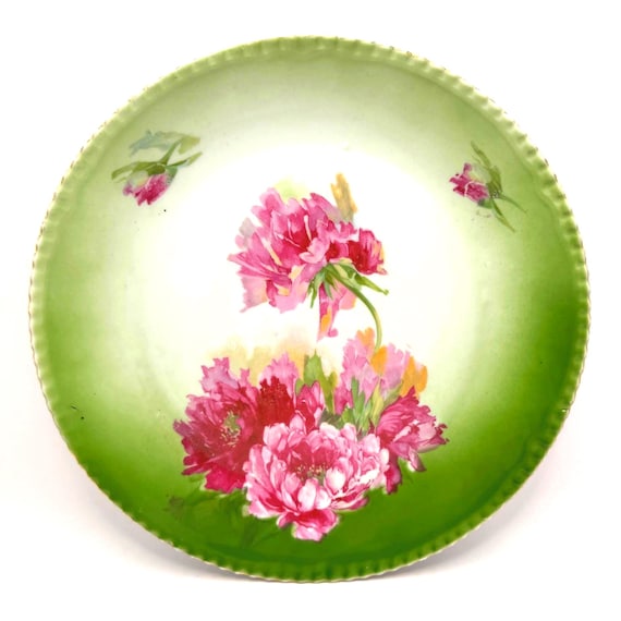 Vintage Hutschenreuther Selb Bavaria Plate Pink Peonies Green Ombre Edge
