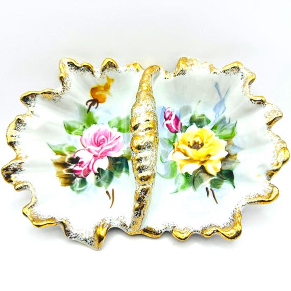 Elegant Hand Painted Candy Dish - Vintage Roses & Gold Trim