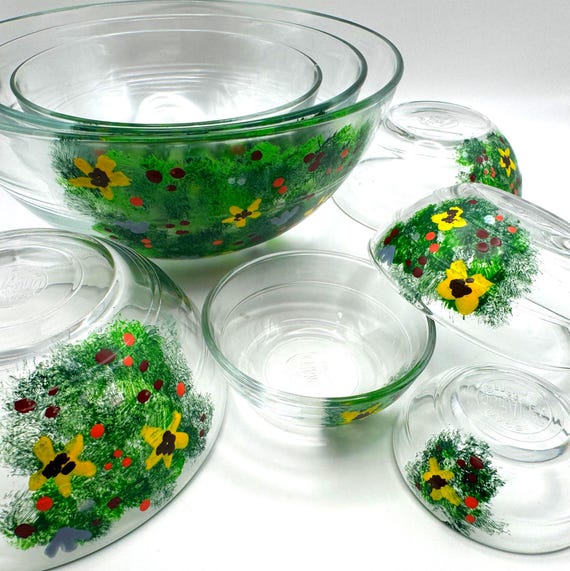 Vintage Duraflex France Floral Sponge Painted Nesting Bowls (8 piece set)