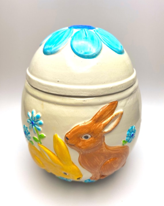 Hand Painted Easter Egg Trinket Box, Paper Mache Bunnies Flowers Japan