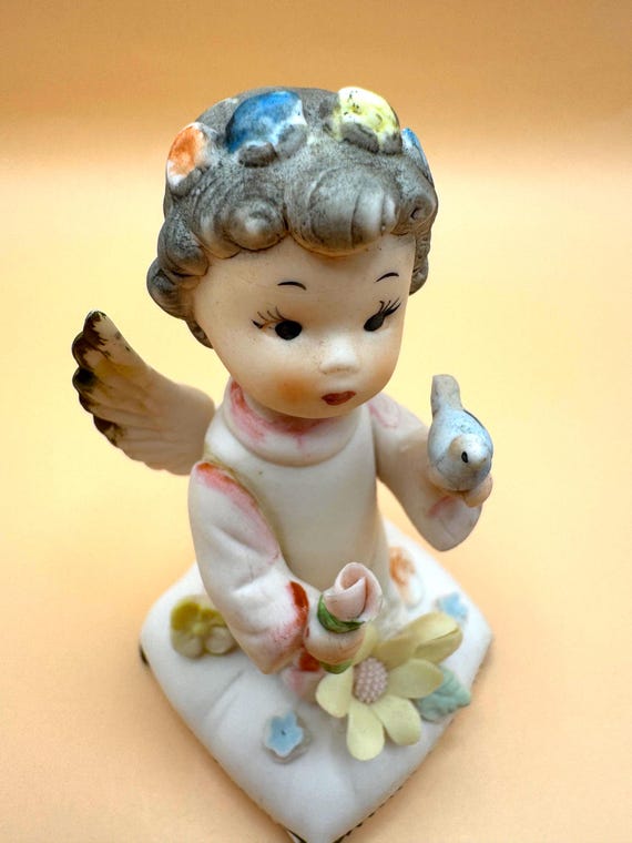 Vintage Napco Angel Figurine Holding Bunny – Porcelain Easter Angel – Sweet Pastel Decor