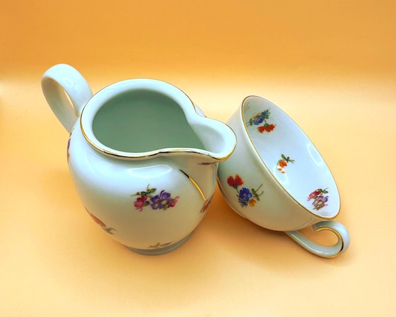 Vintage Bavarian Porcelain Creamer or Teacup Blue Floral Gold Trim