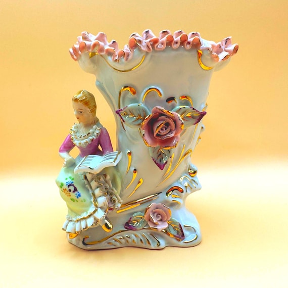 Vintage Japan Victorian Lady Vase Applied Roses Gold Gilt Porcelain