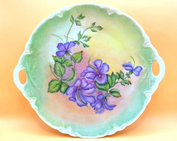 Antique Thomas Bavaria Hand Painted Violet Cake Plate Signed Artist Double Handled