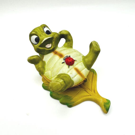 Charming Vintage Porcelain Happy Turtle Figurine with Ladybug Visitor