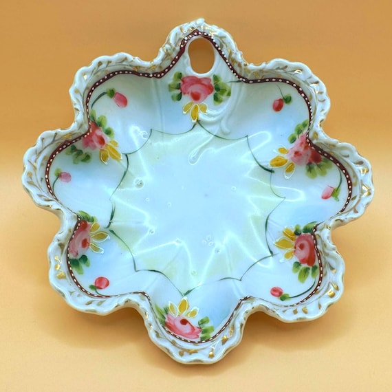Vintage 1950s Made in Japan Porcelain Candy Dish Hand Painted Floral Trinket Bowl
