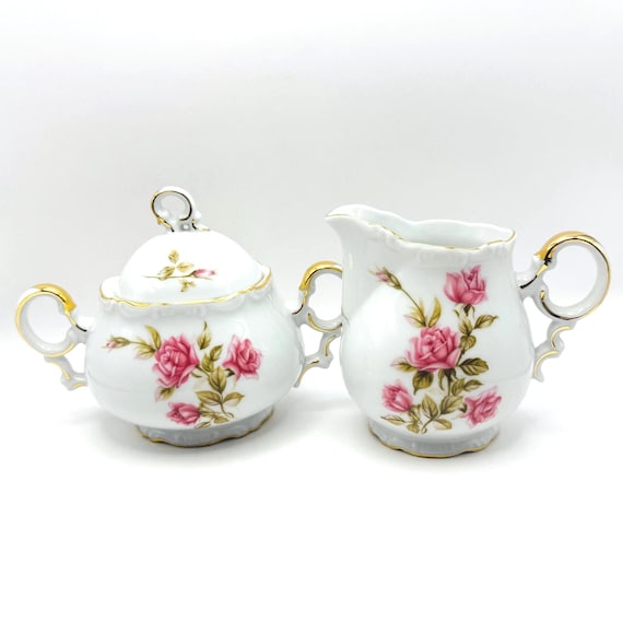 Vintage Mikasa Rosetta Sugar Bowl & Creamer Set - Pink Roses Gold Trim