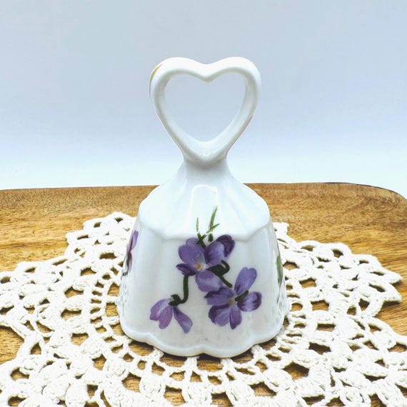 Vintage Bone China Mini LP Fluted Bell with Violets - Heart Shaped Handle