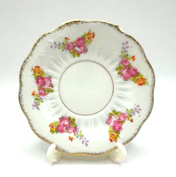 Retro Demitasse Saucer with Roses, Wildflowers & Gold Accents
