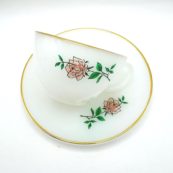 Vintage Anchor Hocking Fire-King Anniversary Rose Teacups & Saucers in Milk Glass - Select Quantity