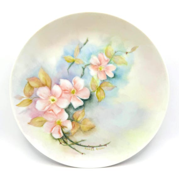 Hand Painted Vintage Plate Pink Florals Muted Pastel Background Artist Signed