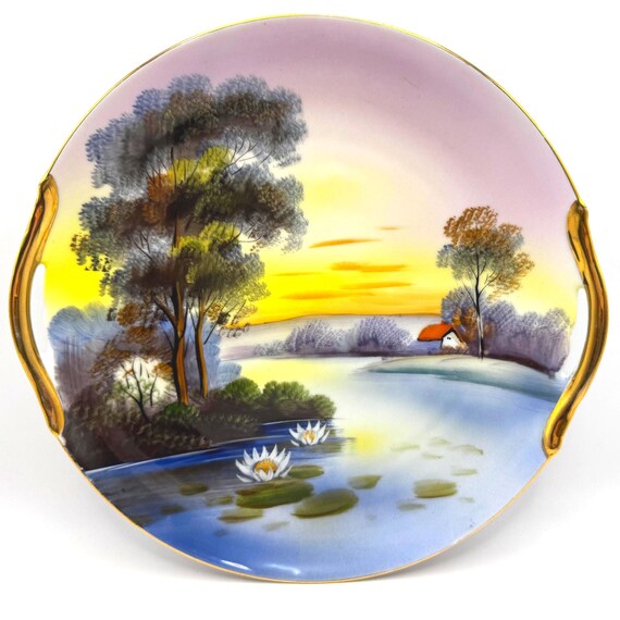 Noritake Hand-Painted Scenic Plate with Handles - Sunset Lake Scene
