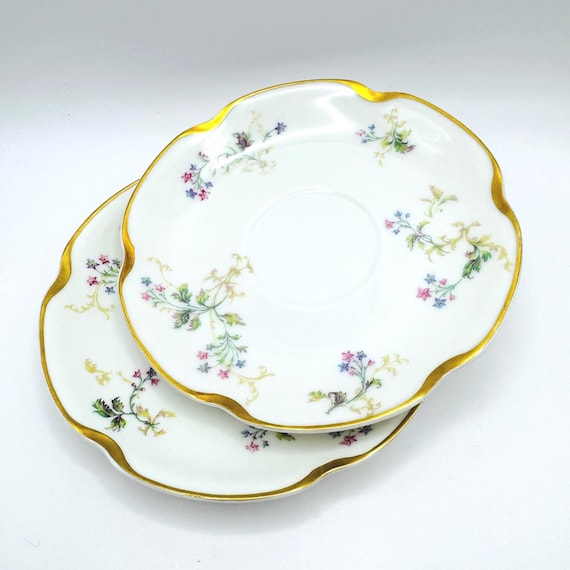 Vintage Haviland & Co French Limoges Floral Saucers with Gold Trim