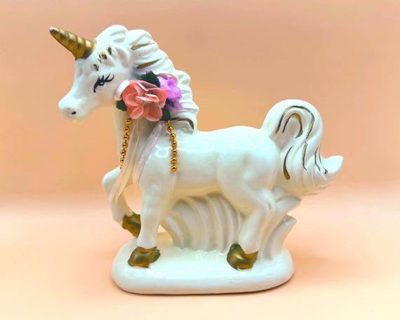 Vintage 1985 GEI Ceramic Unicorn Figurine White Gold Decor