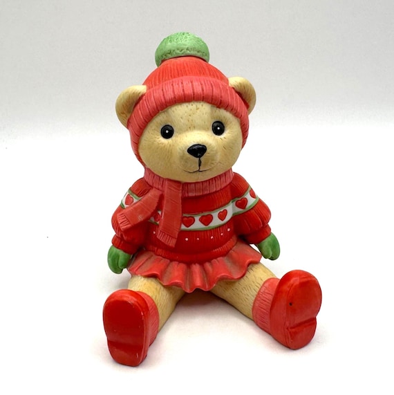 Russ Berrie Holiday Teddy Bear Figurine - Red Sweater & Skirt with Hearts