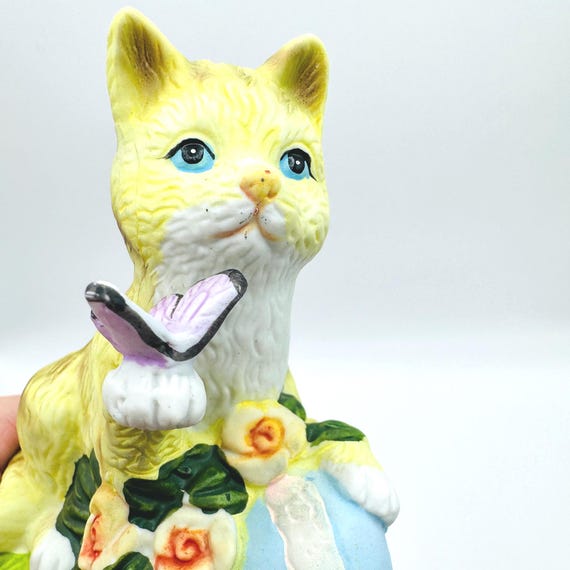 Adorable Hand-Painted Ceramic Cat  with a Butterfly - Blue Eyed Tabby with Roses