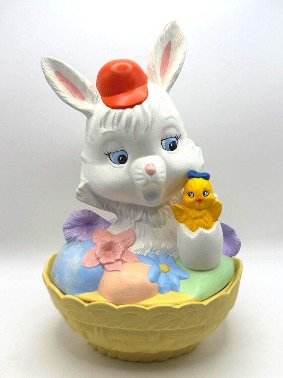 Charming Vintage Provincial Easter Bunny Cookie Jar with Chick