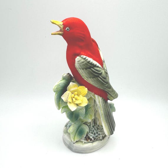 Vintage Ucagco Tanager Figurine - Tanager on a Branch - Made in Japan - Yellow Flower - Gift for Bird Lover