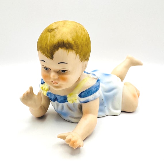 Vintage Hand Painted Porcelain Piano Baby Doll - Large Crawling Figurine