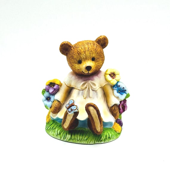 Charming Vintage Porcelain Bear Figurine with Florals and Butterfly - Sitting Pretty