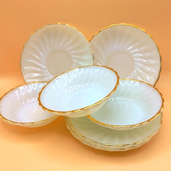 Fire King Milk Glass Plates & Bowls Gold Trim Set