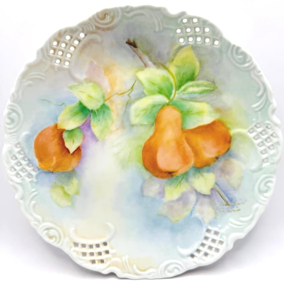 Artist Signed Plate with Pears - Vintage Hand Painted Design - Muted Pastel Background