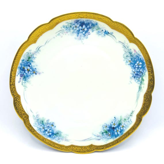 Beautiful Antique Bavarian Plate - Blue Florals - Gold Accents