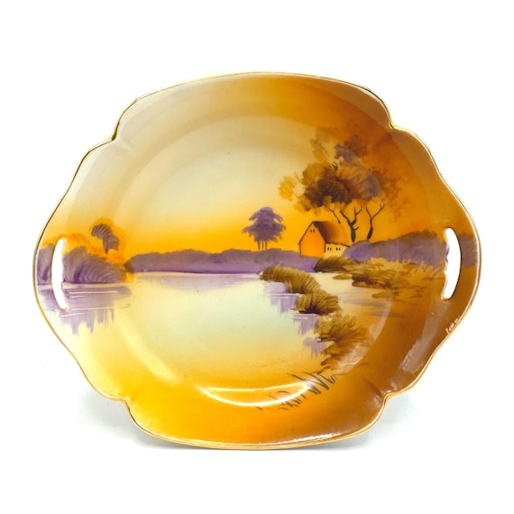 Charming Antique Nippon Bowl - Hand-Painted Cottage & Lake Design with Handles