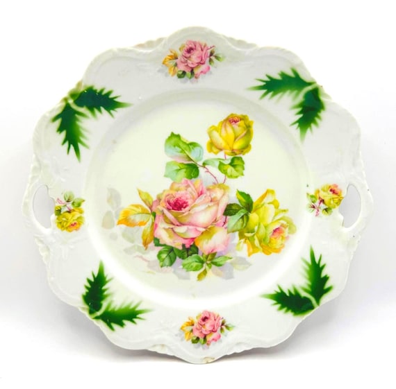 Vintage German Dessert Platter with Double Handles and Rose Design