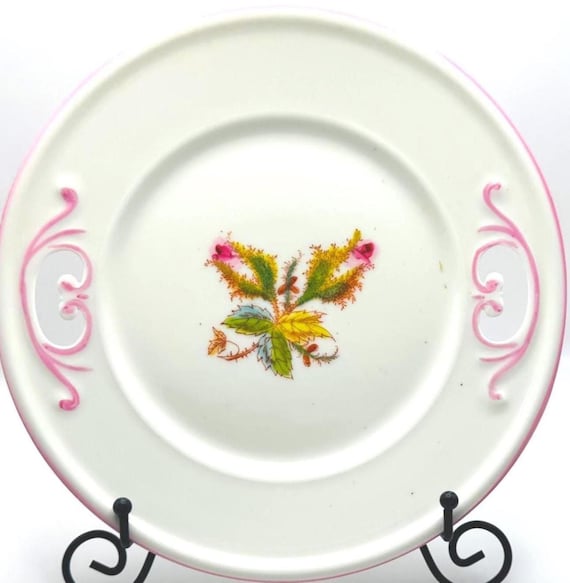 Charming Vintage Porcelain Plate with Pink Trim and Delicate Floral Design