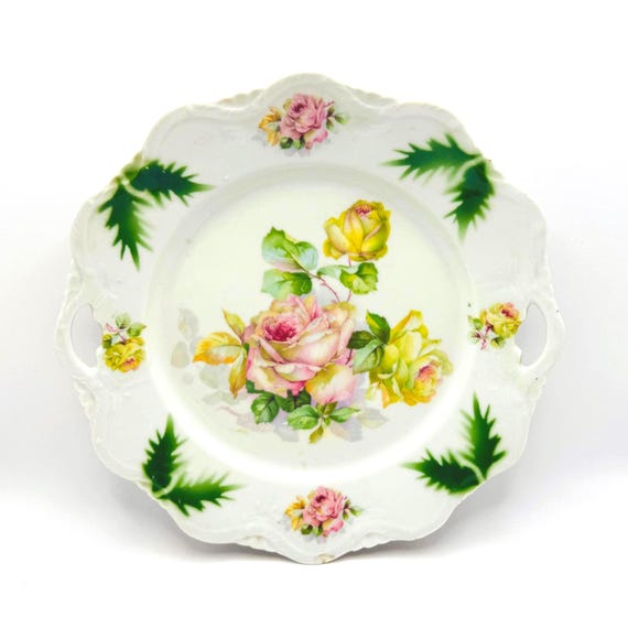 Vintage German Dessert Platter with Double Handles and Rose Design