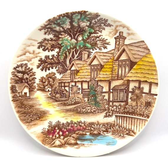 Vintage English Cottage Dinner Plates Set of 4 - Hand Painted Transferware Made in Japan