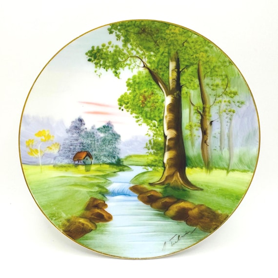 Beautiful Artist Signed Ucagco Plate - Trees, Stream, Cottage