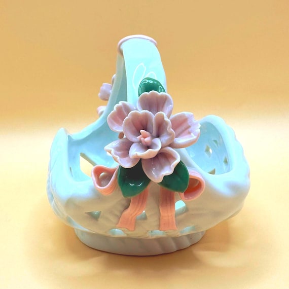 Vintage Reticulated Porcelain Basket with Pink Flowers, White Decorative Basket