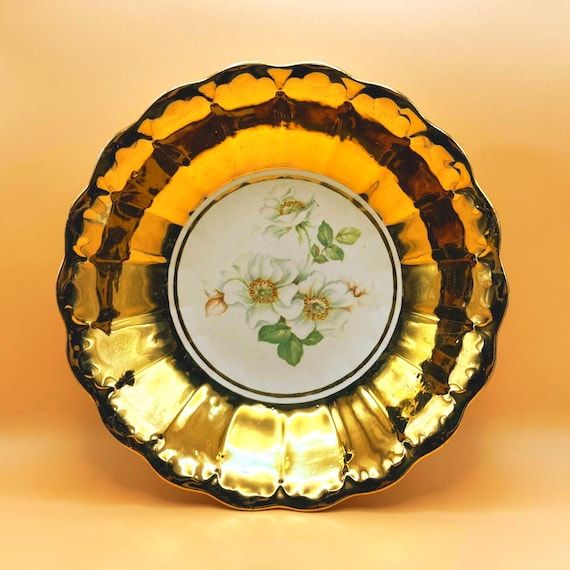 Antique Gold Gilt Serving Bowl Floral Center Victorian Style Decor