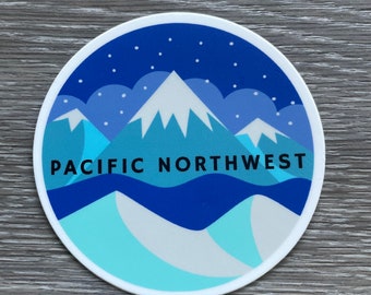 Pacific Northwest Sticker teal and blue with mountain. Vinyl and great for your water bottle!