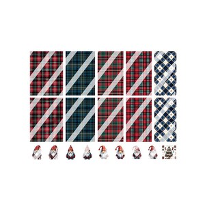 May include: A collection of Christmas-themed designs featuring plaid patterns in red, green, and blue, along with gnome illustrations. The designs include diagonal white stripes and argyle patterns, perfect for holiday crafts and decorations.