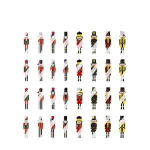 May include: A set of 36 colourful nutcracker figurines. Each figurine is a different design with a red, green, gold, or blue hat and a variety of facial expressions. The nutcrackers are standing in rows of four.