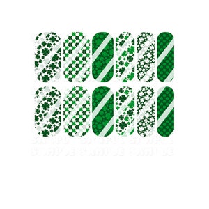 May include: Set of 10 green and white nail wraps with a shamrock and stripe pattern.