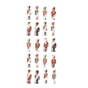 May include: A set of 20 vintage-style nutcracker figurines. The nutcrackers are all dressed in red and white uniforms with gold accents. They are standing in a row, facing forward.