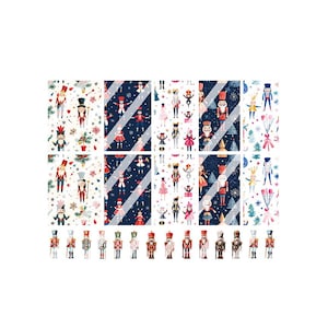 Puede incluir: Un conjunto de nueve diseños de papel digital con un patrón repetitivo de soldados cascanueces en varias poses y colores. Los diseños son perfectos para crear manualidades festivas, scrapbooking y proyectos digitales.