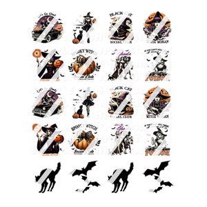 Halloween Witch, Black Cat & Bats Nail Art Decals - Waterslide Nail Decals