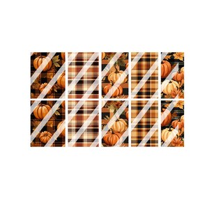 May include: Nine digital paper squares with a plaid pattern in black, brown, and white. Each square features a pattern of orange pumpkins with green leaves.