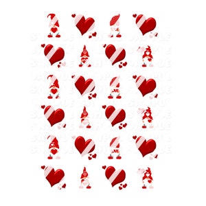 Valentines Day -  Gnome Red Hearts Valentine&#39;s Day Nail Art Decals- Waterslide Nail Decals - Design #2