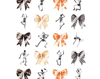 Dancing Skeletons with Bows Halloween Nail Art Decals - Waterslide Nail Decals