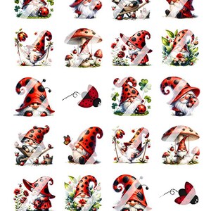 May include: A collection of watercolor illustrations featuring garden gnomes with white beards and red hats with black polka dots. The gnomes are surrounded by ladybugs, clovers, and mushrooms. The illustrations have a whimsical and charming aesthetic.