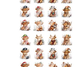 Christmas Highland Cow Nail Art Decals- Waterslide Nail Decals -  Design #1